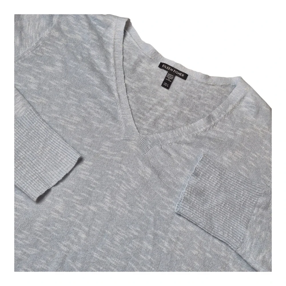 Eileen Fisher Womens Large Blue Organic Linen Cotton V Neck Sweater‎ Top